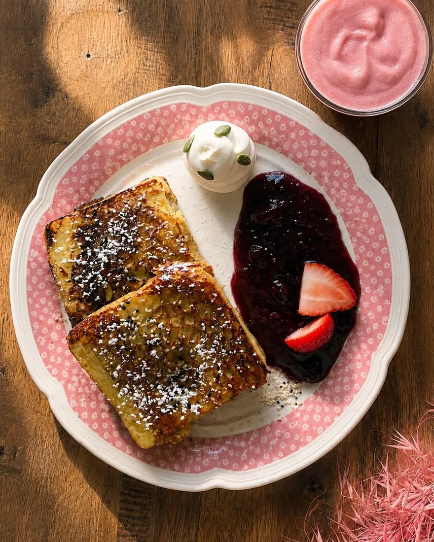 French toast con frutos rojos en plato de lunares rosa