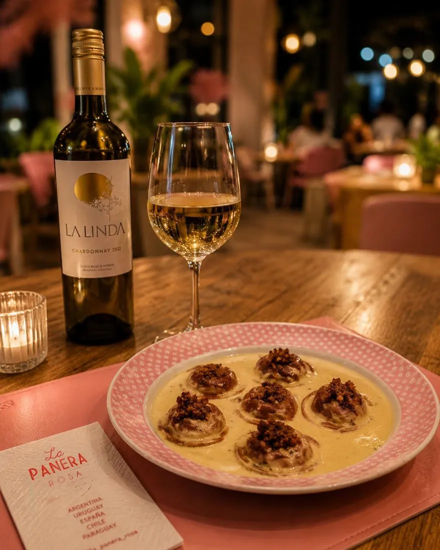Raviolones en crema con vino blanco