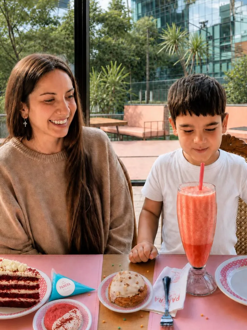 Mamá e hijo con licuado y tortas